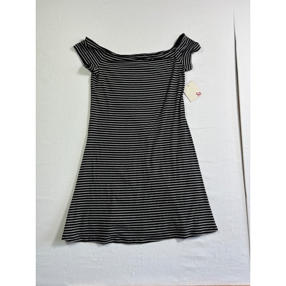 SO Womens Striped Off Shoulder Ribbed Knit A-Line Dress Black White Large NEW